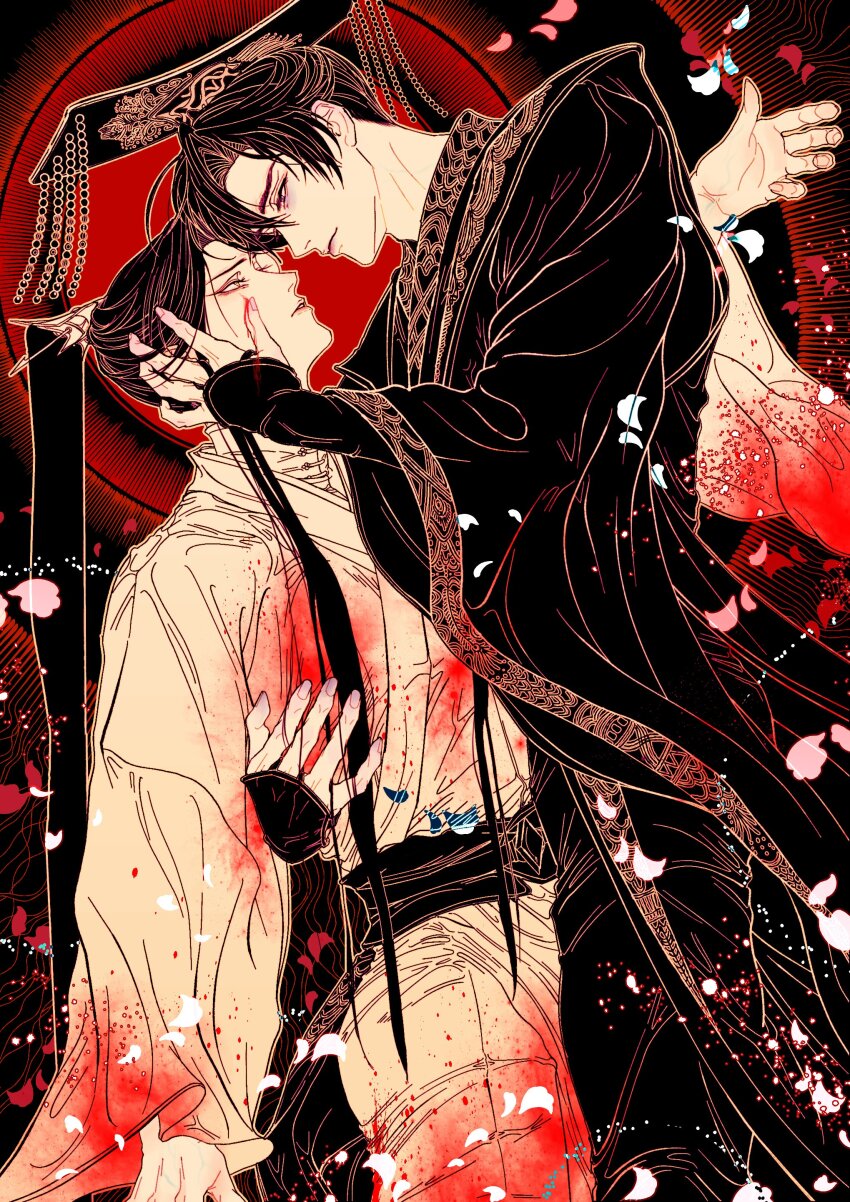 2boys, absurdres, bags_under_eyes, blood, blood_on_clothes, blood_on_face, blood_on_hands, chinese_clothes