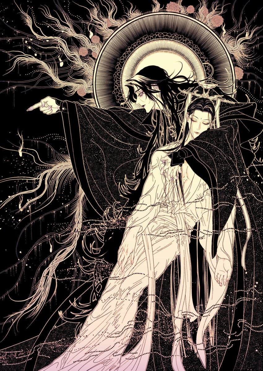 2boys, bags_under_eyes, bindi, black_background, chinese_clothes, closed_eyes, clothes_grab, colored_extremities, fingernails, full_body, hanfu, highres, limited_palette, long_hair, long_sleeves, luo_binghe, male_focus, multiple_boys, nuyururi, open_hand, parted_lips, pointing, pointing_forward, renzha_fanpai_zijiu_xitong, ribboned_xiao_guan, sharp_fingernails, shen_qingqiu, spot_color, wide_sleeves, xiao_guan_(headdress), zuiyin