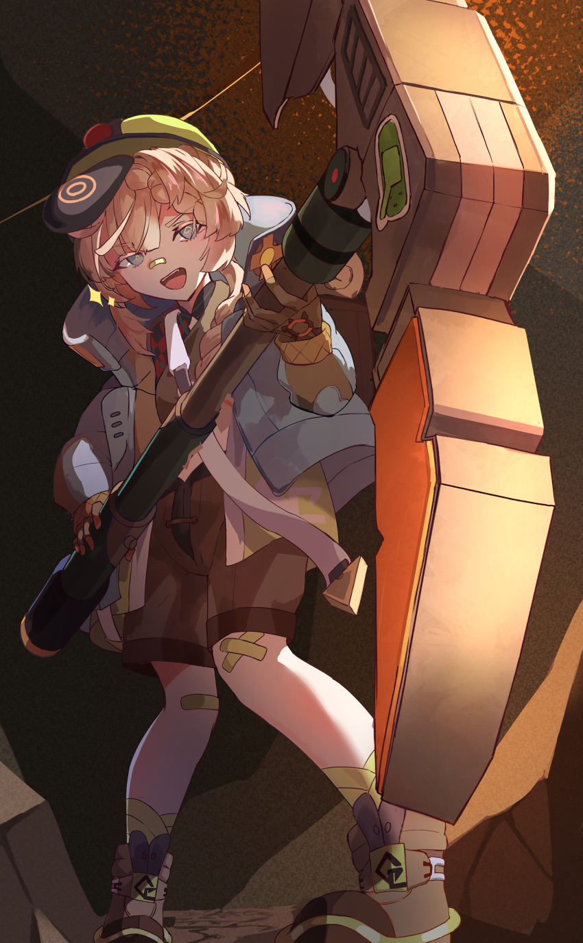 1girl, absurdres, bandaid, bandaid_on_face, bandaid_on_knee, bandaid_on_leg, bandaid_on_nose, blue_eyes