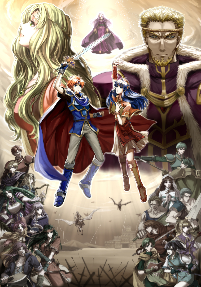 6+boys, 6+girls, absurdres, alen_(fire_emblem), arm_up, axe, blue_cape, blue_hair
