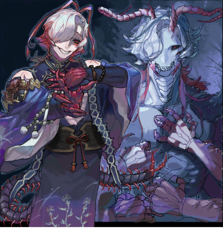 1boy, antennae, arthropod_boy, black_sclera, bug, carapace, centipede, centipede_boy