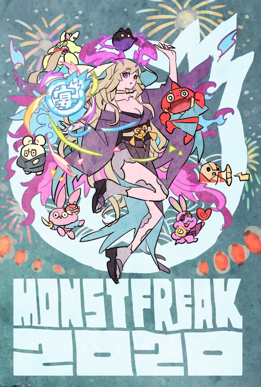 1girl, 2020, bare_shoulders, blonde_hair, blue_kimono, choker, commentary_request, crazy_rabbit_(monster_strike)