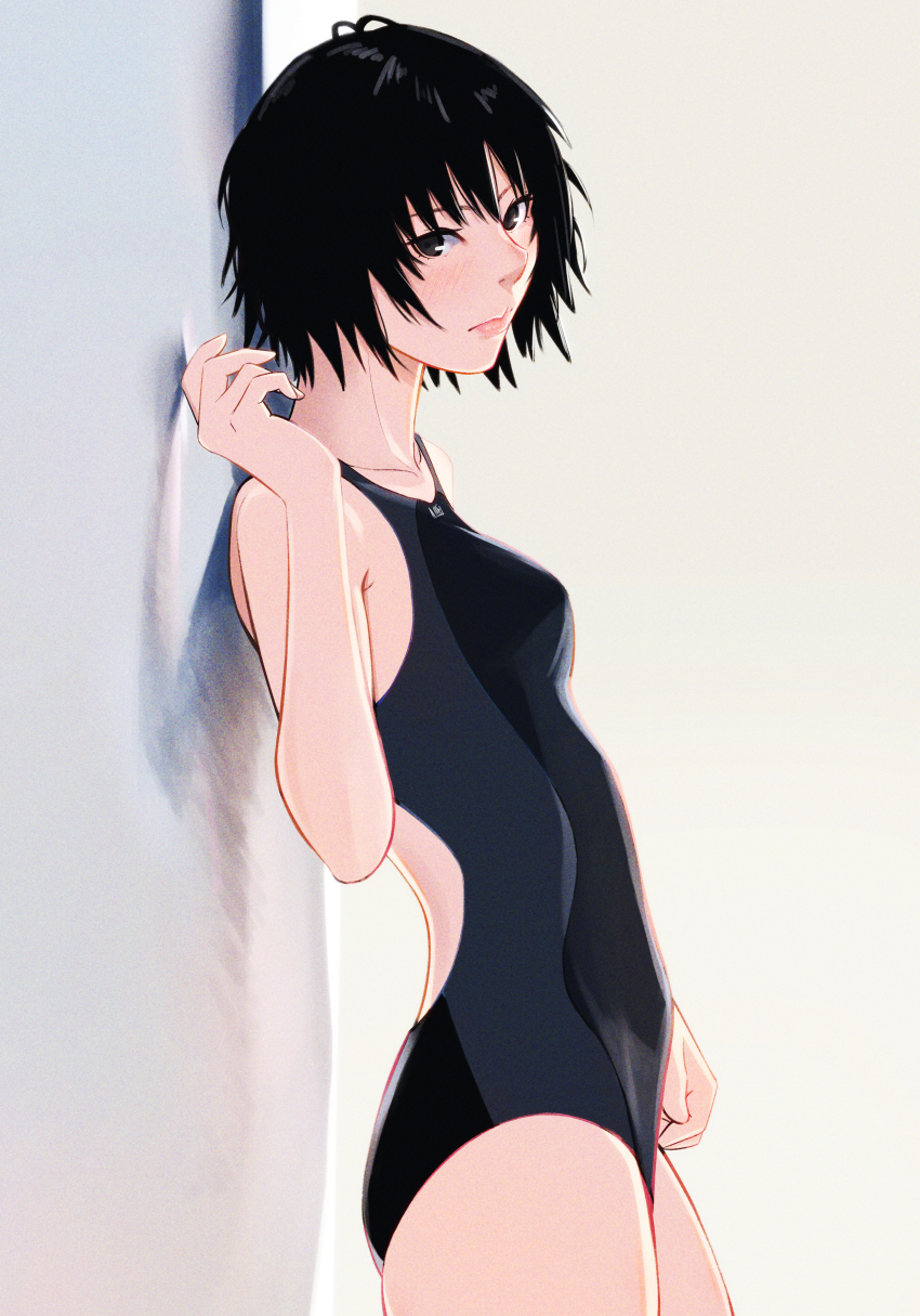 1girl, absurdres, against_wall, amagami, arm_at_side, bare_shoulders, black_eyes, black_hair