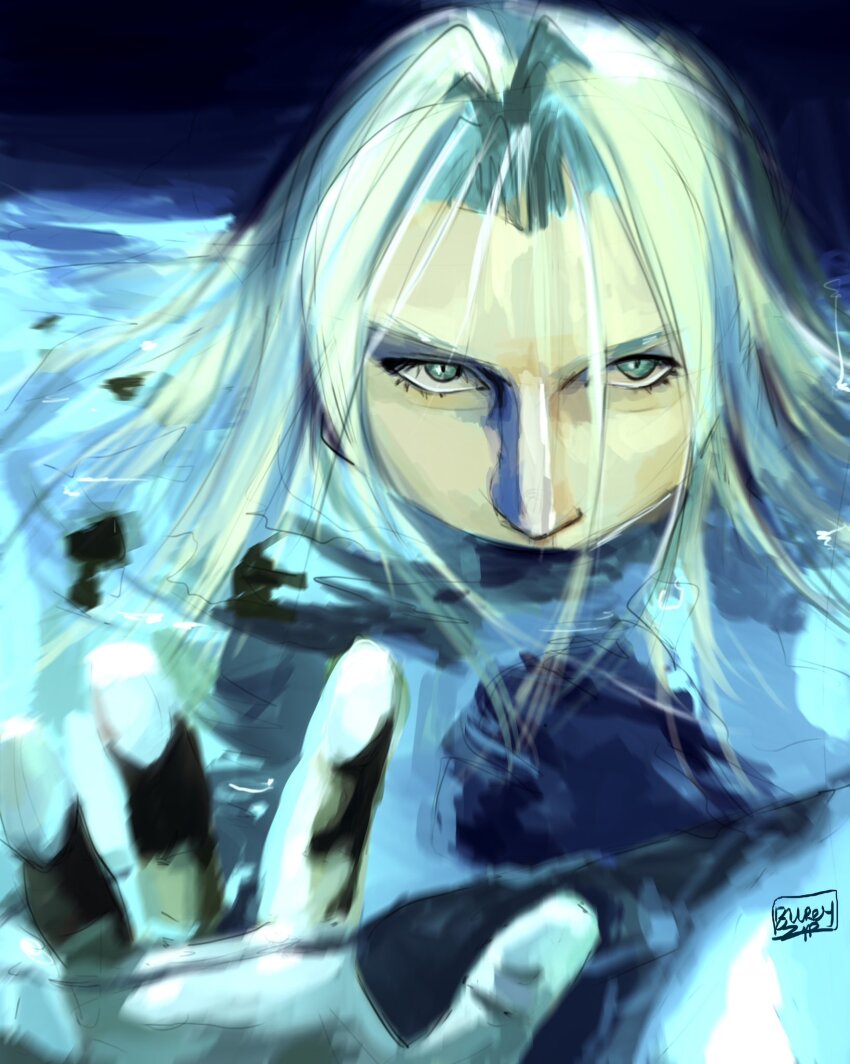 1boy, blue_theme, blurry, blurryzip, commentary, depth_of_field, english_commentary, expressionless, final_fantasy, final_fantasy_vii, glowing_liquid, green_eyes, grey_hair, hand_up, highres, in_water, long_hair, male_focus, parted_bangs, reaching, reaching_towards_viewer, sephiroth, signature, slit_pupils, solo, upper_body