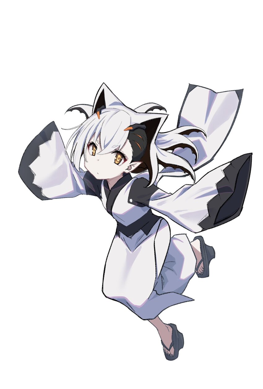 1girl, black_footwear, black_nails, closed_mouth, colored_skin, commentary_request, full_body, geta