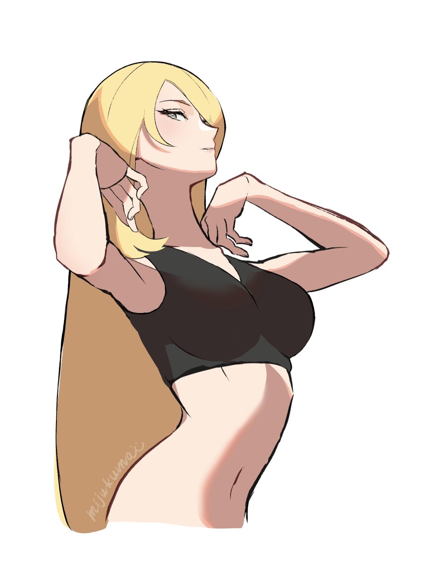 1girl, absurdres, black_bra, blonde_hair, bra, breasts, cynthia_(pokemon), grey_eyes, hair_over_one_eye, highres, long_hair, mijukuma, navel, nintendo, pokemon, pokemon_diamond/pearl/platinum, signature, simple_background, solo, sports_bra, twitter_username, underwear, upper_body, white_background