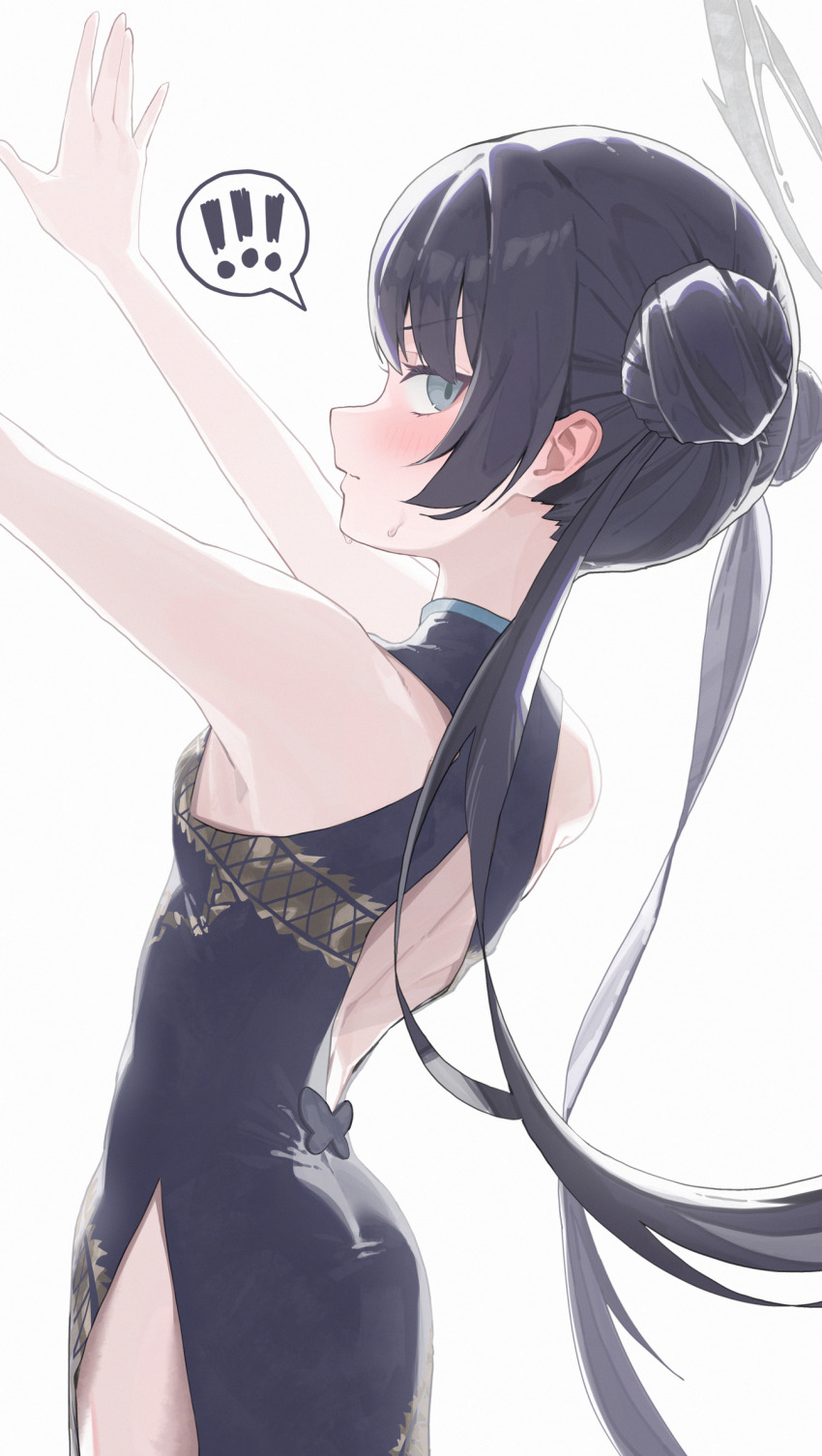 !, !!, 1girl, :|, alternate_hair_length, alternate_hairstyle, armpits, arms_up