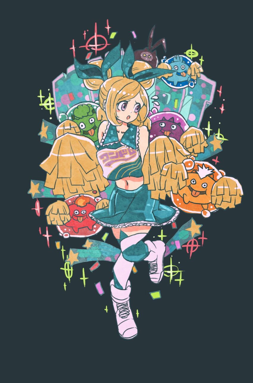 1girl, aqua_skirt, black_smydra, blonde_hair, blue_smydra, cheerleader, commentary_request, creature