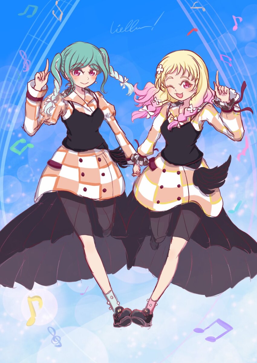 2girls, ;3, ;d, alt_text, aqua_hair, beamed_eighth_notes, black_dress, black_footwear