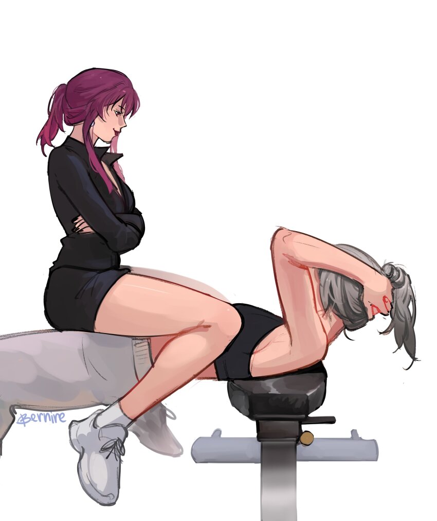 2girls, absurdres, bernirera, black_shirt, black_shorts, black_sports_bra, commentary_request, cyrillic_commentary