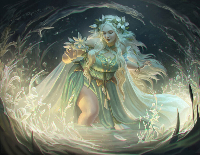 1girl, arm_up, blonde_hair, breasts, closed_eyes, dress, flower, glowing_plants, goldberry, green_dress, laurel_crown, light-skinned_palms, long_hair, looking_down, magic, magic:_the_gathering, marie_magny, medium_breasts, night, outdoors, partially_submerged, petals, plump, solo, the_lord_of_the_rings, thick_thighs, thighs, tolkien's_legendarium, water, white_flower, white_petals