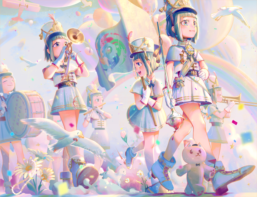 absurdres, aircraft, airplane, balloon, bass_drum, belt, bird, boots