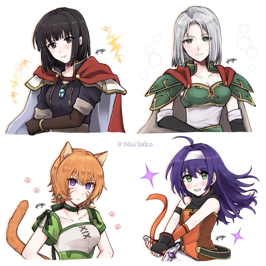 4girls, ahoge, amalda_(fire_emblem), animal_ears, armor, black_hair, breastplate, brown_gloves