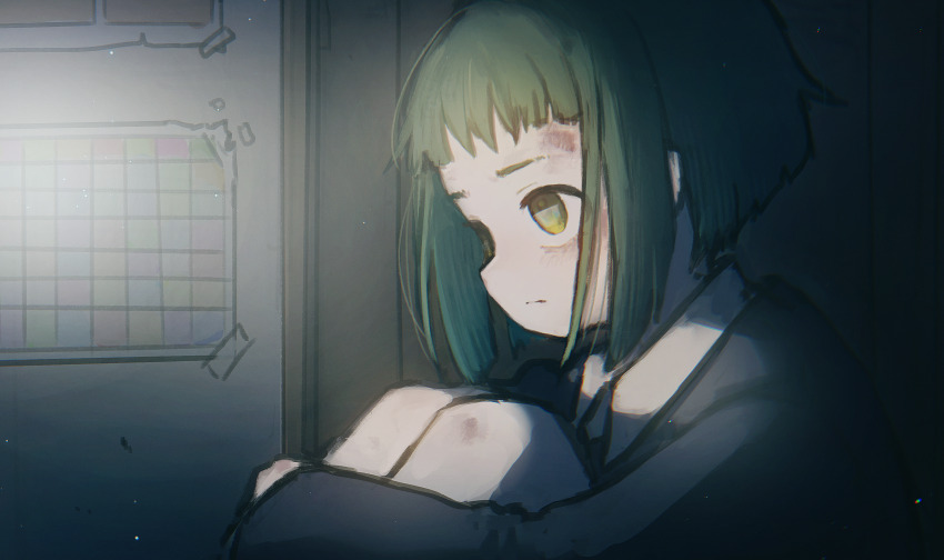 absurdres, against_wall, bags_under_eyes, bruise, bruise_on_face, bruise_on_leg, chart_(object), collared_shirt