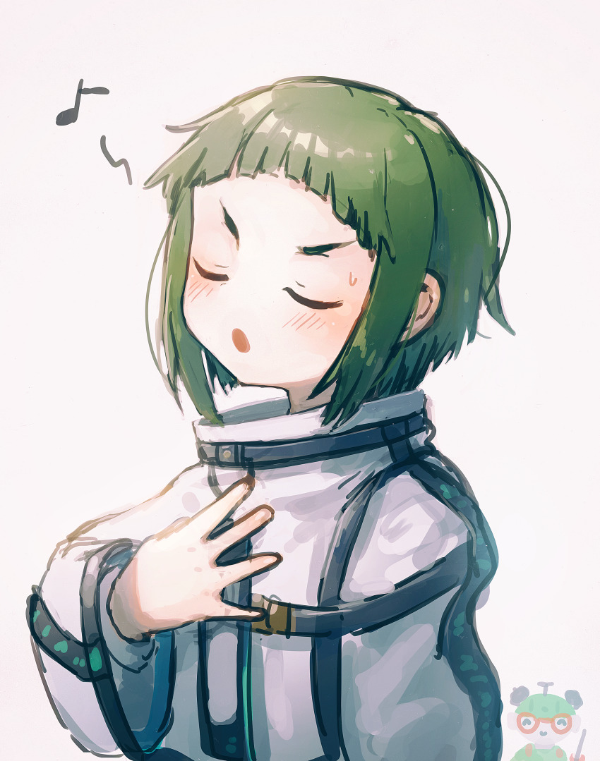 absurdres, belt, blush, chest_belt, closed_eyes, curry_milks, green_hair, hand_on_own_chest