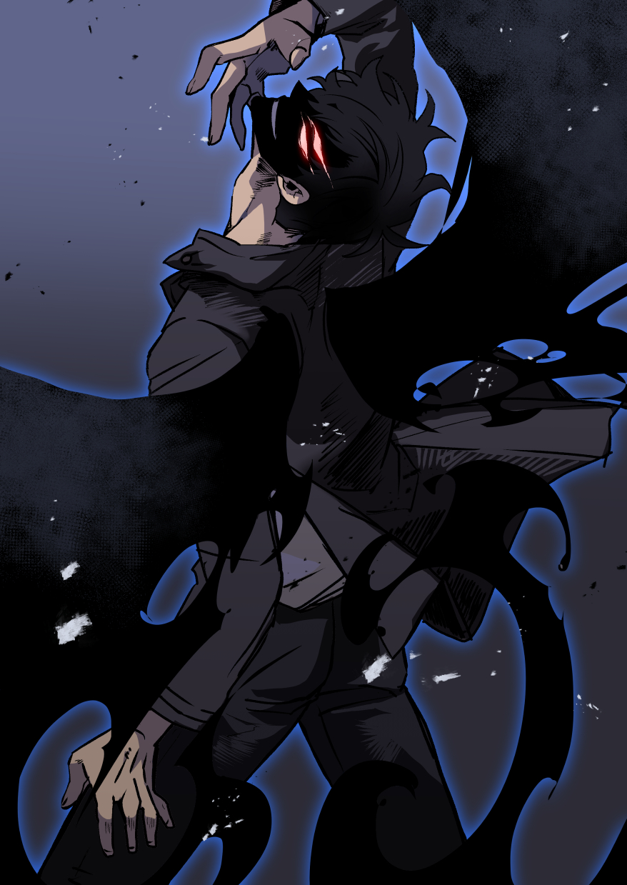 1boy, adam's_apple, aura, black_hair, black_jacket, black_pants, black_shirt, black_wings