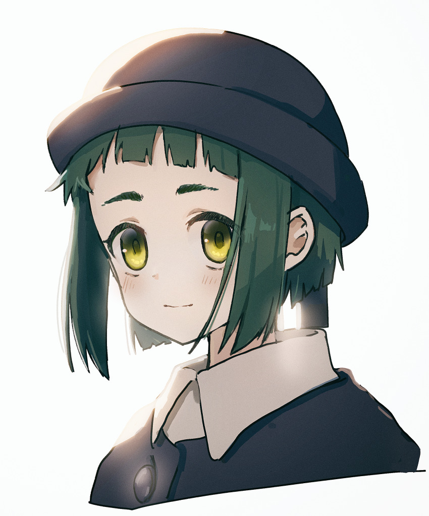 absurdres, blue_hat, blue_jacket, blush, curry_milks, green_eyes, green_hair, hat