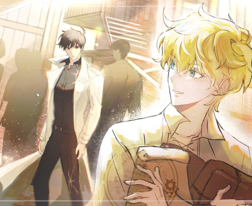 1boy, 1girl, bag, belt, black_belt, black_eyes, black_hair, black_pants, black_shirt, blonde_hair, blue_eyes, coat, collared_shirt, comic_panel_redraw, commentary_request, derivative_work, hair_between_eyes, holding, holding_bag, jang_hayoung, kim_dokja, looking_at_another, mikazuki_123123, omniscient_reader's_viewpoint, pants, shirt, short_hair, twitter_username, very_short_hair, watermark, white_coat