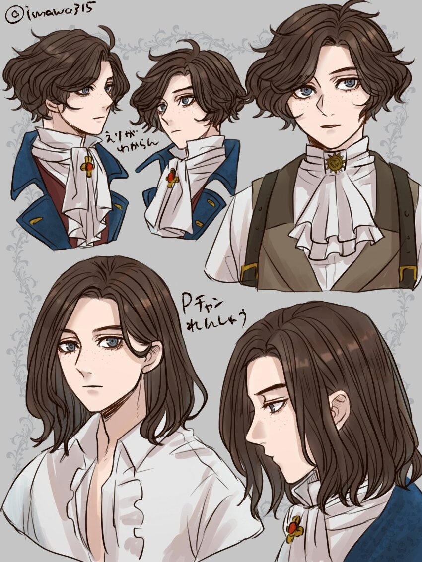 1boy, artist_name, ascot, brown_hair, closed_mouth, expressionless, eyelashes, freckles, grey_background, highres, imawa315, lies_of_p, male_focus, medium_hair, multiple_views, official_alternate_hairstyle, open_mouth, pinocchio_(lies_of_p), ringed_eyes, shirt, short_hair, translation_request, twitter_username, white_ascot, white_shirt