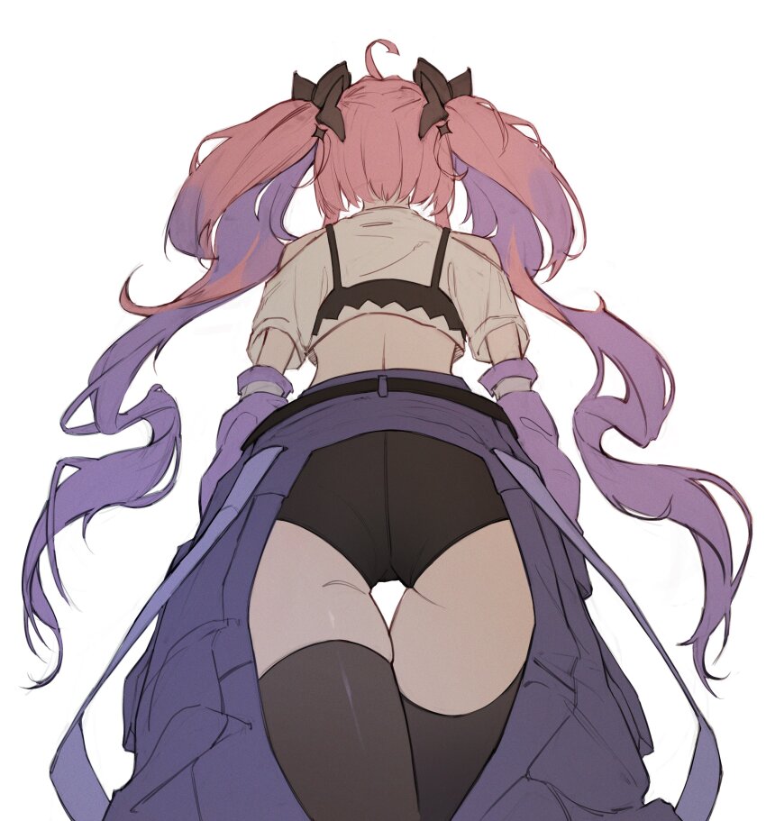 1girl, absurdres, ahoge, ass, belt, black_belt, black_bra, black_ribbon