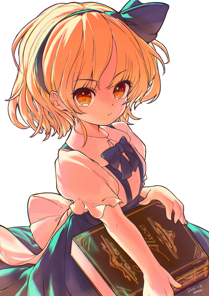 1girl, absurdres, alice_margatroid, alice_margatroid_(pc-98), artist_name, back_bow, blonde_hair, blue_bow, blue_bowtie, blue_hairband, blue_skirt, book, bow, bowtie, child, closed_mouth, collared_shirt, commentary_request, dated, frilled_sleeves, frills, grimoire, grimoire_of_alice, hair_bow, hairband, hamriku, highres, holding, holding_book, looking_at_viewer, partial_commentary, puffy_short_sleeves, puffy_sleeves, revision, shirt, short_hair, short_sleeves, signature, simple_background, skirt, solo, suspender_skirt, suspenders, touhou, touhou_(pc-98), white_background, white_bow, white_shirt, yellow_eyes