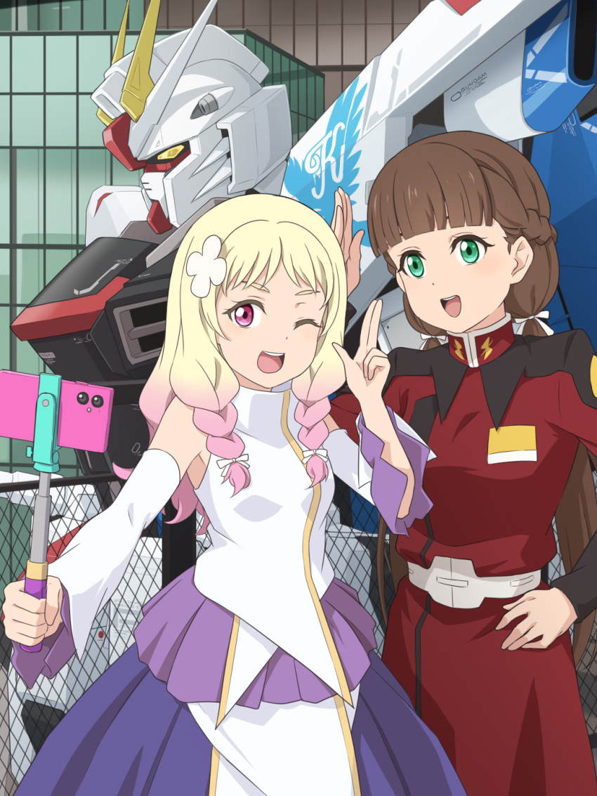 2girls, blonde_hair, braid, brown_hair, cellphone, commentary, company_connection, cosplay