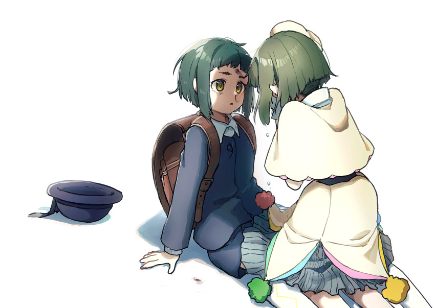 2girls, absurdres, backpack, bag, capelet, curry_milks, dirty, dirty_face, green_hair, hat, highres, kneeling, messy_hair, milgram, momose_amane, multiple_girls, multiple_persona, on_ground, pom_pom_(clothes), randoseru, school_uniform, short_hair, tears, white_background, yellow_eyes