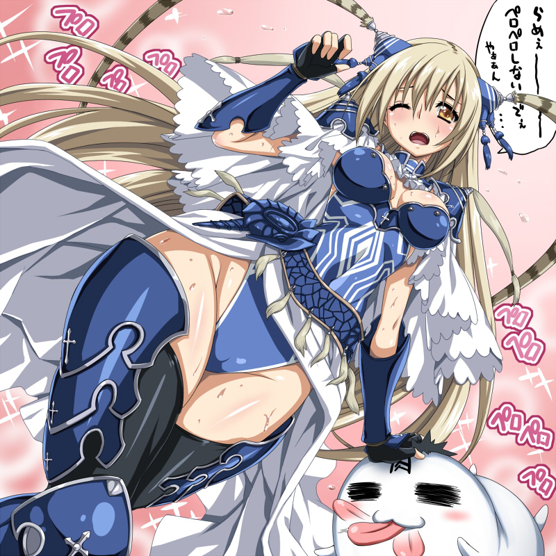 1girl, armor, bad_id, bad_pixiv_id, black_thighhighs, blonde_hair, blush, breasts, cameltoe, female_focus, fingerless_gloves, from_below, gloves, hip_focus, hotori_(sion), large_breasts, long_hair, no_panties, one_eye_closed, open_mouth, pauldrons, sangokushi_taisen, shoulder_armor, shuuki_(sangokushi_taisen), solo, sweat, syuuki, thighhighs, very_long_hair, wide_hips, wink, yellow_eyes