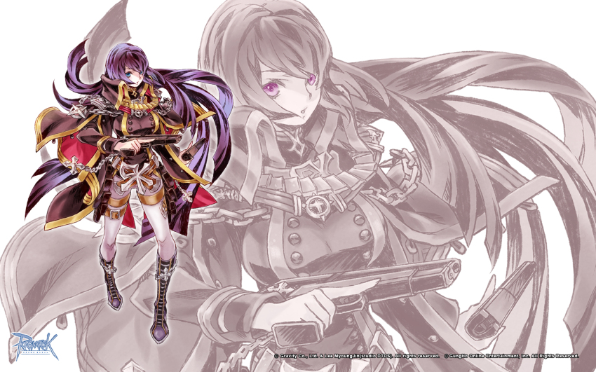 1girl, artist_request, belt, black_boots, black_coat, blue_eyes, boots, breasts, brown_belt, buttons, chain, check_artist, coat, copyright_notice, double-breasted, dual_wielding, emblem, epaulettes, full_body, gold_trim, gun, handgun, highres, hiroshi_(game_artist), holding, holding_gun, holding_weapon, lace-up_boots, large_breasts, logo, long_hair, looking_at_viewer, military_uniform, official_art, official_wallpaper, open_mouth, pants, pants_tucked_in, purple_hair, ragnarok_online, rebellion_(ragnarok_online), solo, standing, very_long_hair, weapon, white_background, white_pants, zoom_layer