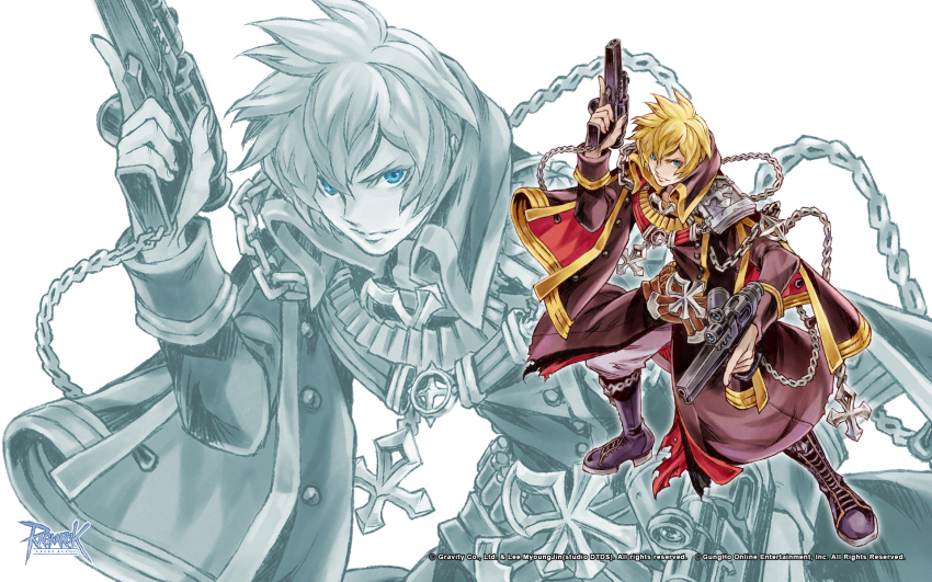 1boy, artist_request, belt, black_boots, black_coat, blonde_hair, blue_eyes, boots, brown_belt, buttons, chain, check_artist, closed_mouth, coat, copyright_notice, double-breasted, dual_wielding, emblem, epaulettes, full_body, gold_trim, gun, handgun, highres, hiroshi_(game_artist), holding, holding_gun, holding_weapon, lace-up_boots, logo, looking_at_viewer, male_focus, military_uniform, official_art, official_wallpaper, pants, pants_tucked_in, ragnarok_online, rebellion_(ragnarok_online), short_hair, solo, weapon, white_background, white_pants, zoom_layer