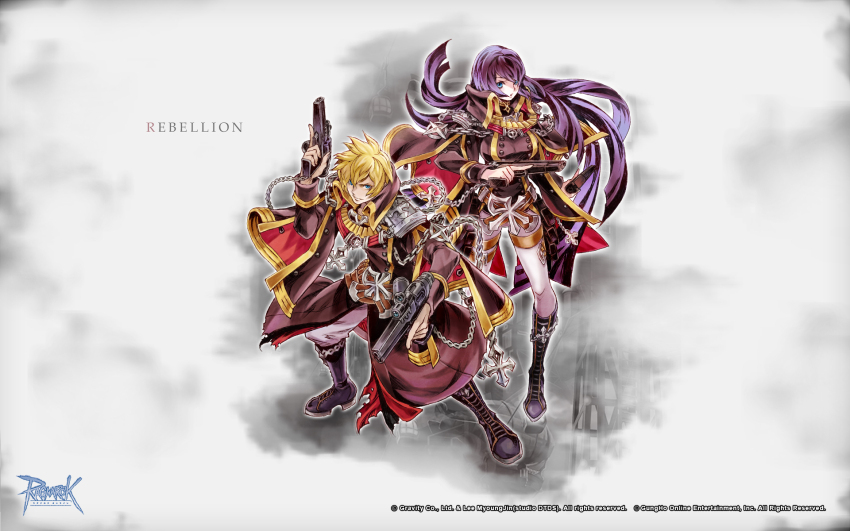 1boy, 1girl, artist_request, belt, black_coat, black_footwear, blonde_hair, blue_eyes, boots, breasts, brown_belt, buttons, chain, character_name, check_artist, closed_mouth, coat, copyright_notice, cross-laced_footwear, double-breasted, dual_wielding, emblem, epaulettes, full_body, gold_trim, gun, handgun, highres, hiroshi_(game_artist), holding, holding_gun, holding_weapon, large_breasts, logo, long_hair, looking_at_viewer, male_focus, military_uniform, official_art, official_wallpaper, open_mouth, pants, pants_tucked_in, purple_hair, ragnarok_online, rebellion_(ragnarok_online), short_hair, standing, very_long_hair, weapon, white_background, white_pants