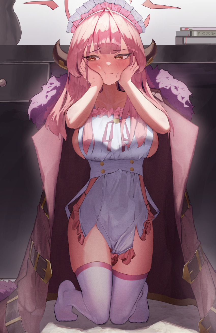 1girl, :t, @_@, absurdres, ahoge, apron, aru_(blue_archive), blue_archive, blush, book, breasts, brown_coat, brown_horns, closed_mouth, coat, collarbone, commentary, desk, flustered, frilled_apron, frills, fur_coat, halo, hands_on_own_cheeks, hands_on_own_face, hands_up, highres, horns, kenka_(user_hrjm2543), kneeling, large_breasts, long_hair, looking_to_the_side, low_horns, maid_headdress, nearly_naked_apron, no_shoes, open_clothes, open_coat, orange_eyes, pink_hair, pink_halo, pink_headdress, sideboob, solo, sweat, thighhighs, thighs, tiptoes, vase, white_apron, white_thighhighs