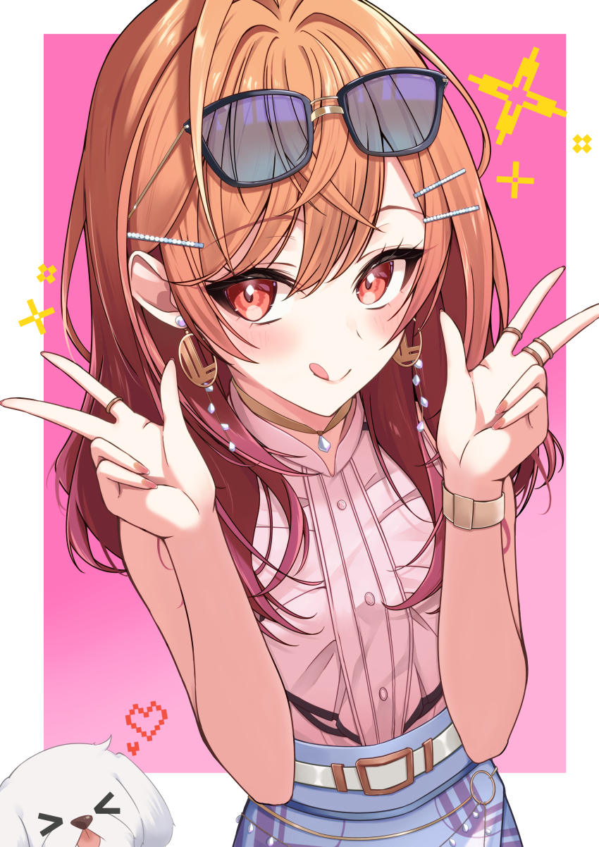 1girl, absurdres, ahoge, belt, blue_skirt, center_frills, deshihayashi18, earrings