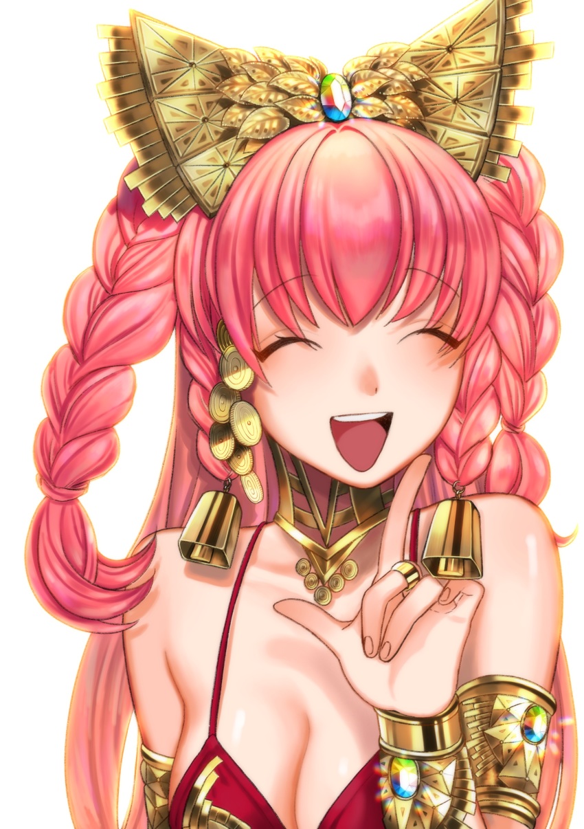 1girl, :d, ^_^, absurdres, armlet, bare_shoulders, bikini, bikini_top_only