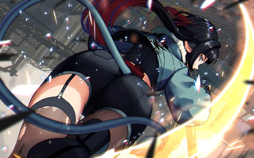 1girl, absurdres, ass, ass_focus, edogreed, highres, jane_doe_(zenless_zone_zero), mouse_tail, multicolored_hair, ponytail, shorts, tail, zenless_zone_zero