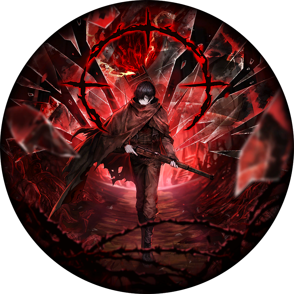 1boy, aiming, bag, barbed_wire, belt_pouch, black_eyes, bolt_action, boots, brown_pants, brown_shirt, cloak, crosshair, der_fluchschutze, e.g.o_(project_moon), fell_bullet_(e.g.o), full_body, glowing, glowing_eyes, gun, hair_over_one_eye, holding, holding_gun, holding_weapon, lee-enfield, limbus_company, looking_at_viewer, male_focus, military_fatigues, military_uniform, nai_ga, official_alternate_costume, official_alternate_hairstyle, official_art, pants, pouch, project_moon, rifle, round_border, shirt, short_hair, standing, third-party_source, torn_cloak, torn_clothes, weapon, yi_sang_(project_moon)