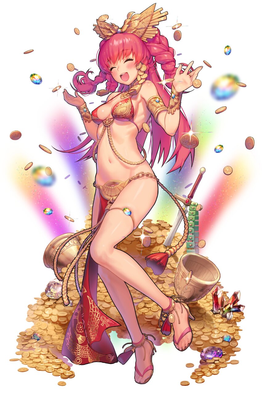 1girl, :d, ^_^, absurdres, amamiya_sora, armlet, artist_request, bare_shoulders, bikini, bikini_top_only, blush, bracelet, braid, breasts, cleavage, closed_eyes, coin, contrapposto, covered_erect_nipples, destiny_child, dress, facing_viewer, floating_hair, ganesha_(destiny_child), gem, gold_coin, groin, hair_ornament, highres, jewelry, long_hair, medium_breasts, multiple_girls, navel, official_art, open_mouth, pelvic_curtain, pink_hair, red_bikini, sandals, simple_background, smile, solo, standing, stomach, swimsuit, thighs, twin_braids, very_long_hair