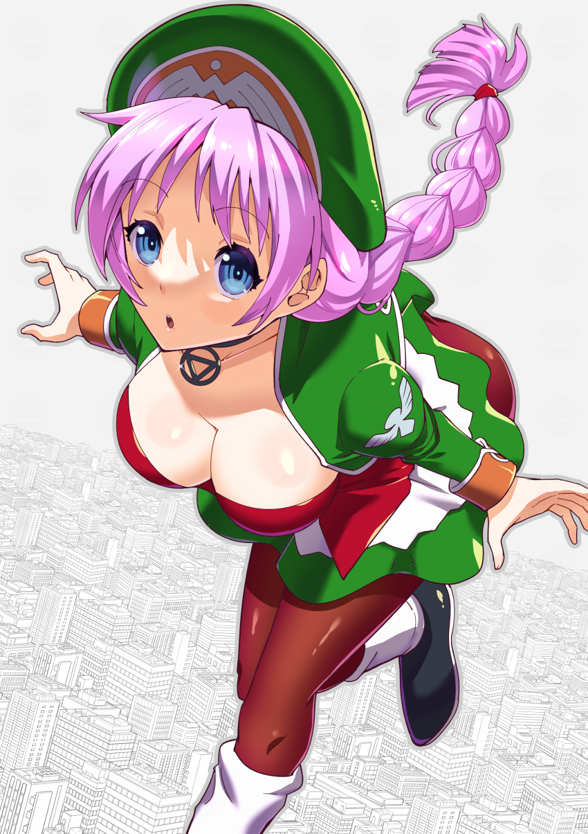 1girl, absurdres, blue_eyes, braid, braided_ponytail, breasts, choker, city