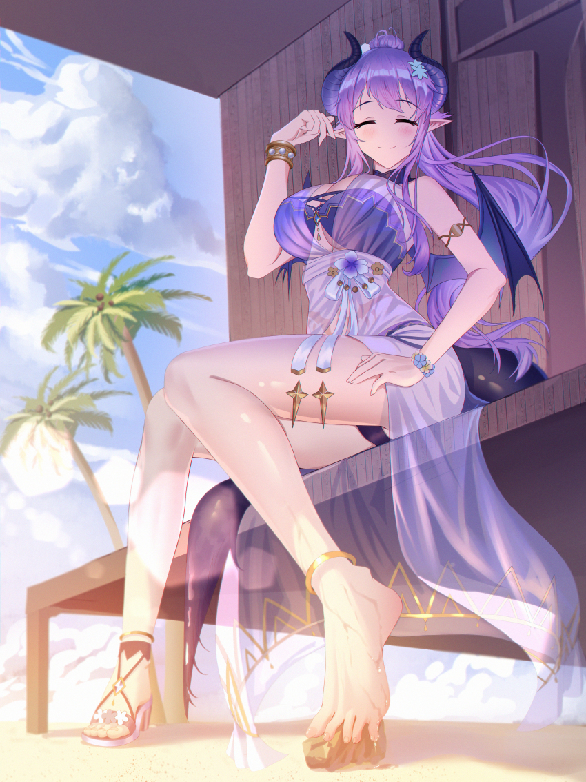 1girl, absurdres, anklet, bare_legs, bikini, bracelet, breasts, closed_eyes, closed_mouth, collar, dragon_girl, dragon_horns, dragon_tail, dragon_wings, feet, flower, flower_bracelet, full_body, gold_anklet, high_ponytail, highres, homare_(princess_connect!), homare_(summer)_(princess_connect!), horns, jewelry, knees_together_feet_apart, large_breasts, legs, long_hair, mariniy, ponytail, princess_connect!, purple_bikini, purple_collar, purple_flower, purple_hair, purple_horns, purple_sarong, purple_tail, purple_wings, sandals, sarong, see-through_clothes, see-through_sarong, sitting, smile, solo, spread_toes, strappy_heels, swimsuit, tail, toenails, toes, wings