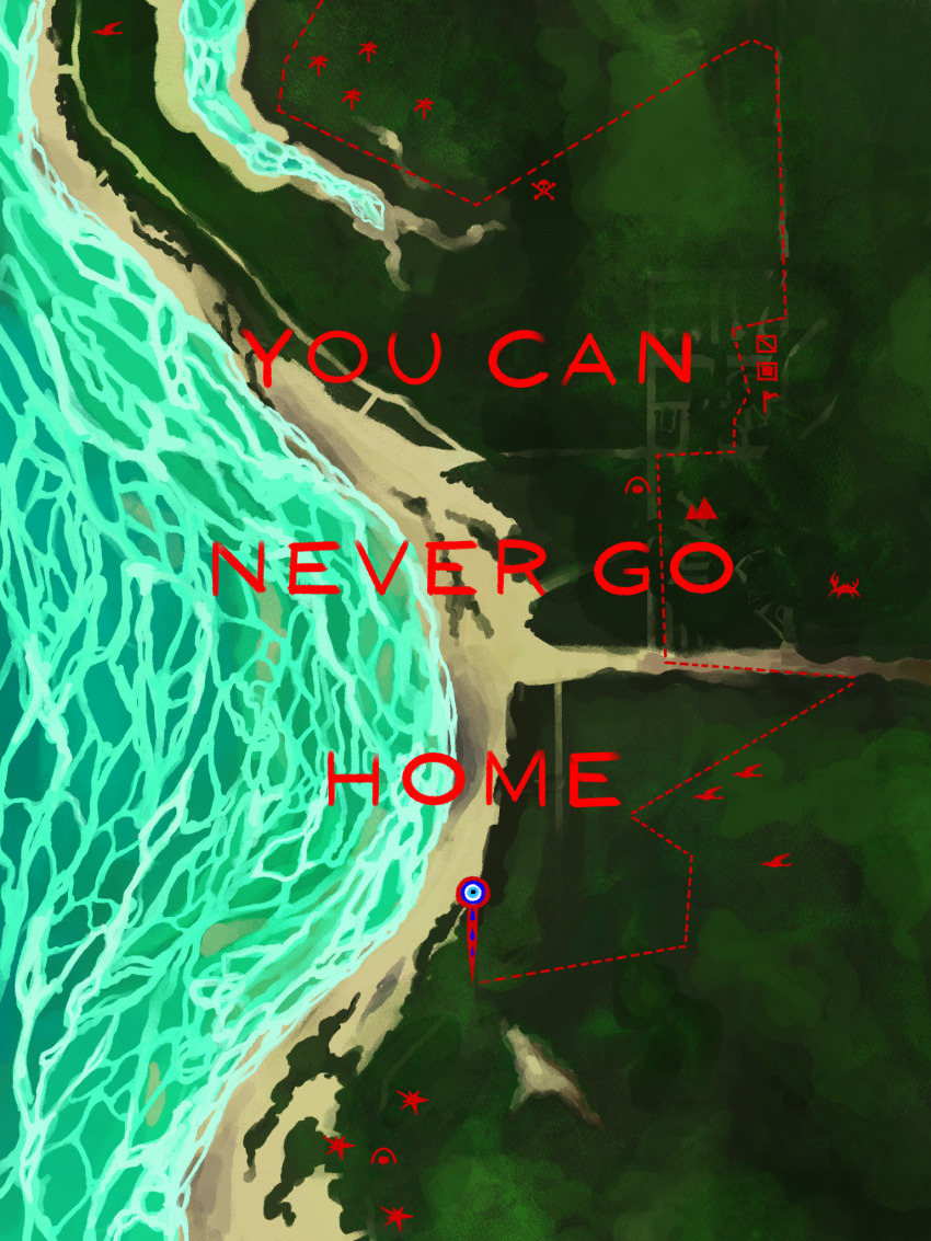 beach, bird, color_contrast, commentary, crab, dotted_line, english_commentary, english_text, flying, foxbirdy, from_above, grass, highres, map, mountain, nature, nazar_(amulet), no_humans, original, outdoors, palm_tree, path, real_world_location, road, sand, scenery, shore, skull_and_crossbones, tears, tree, very_wide_shot, water, waves