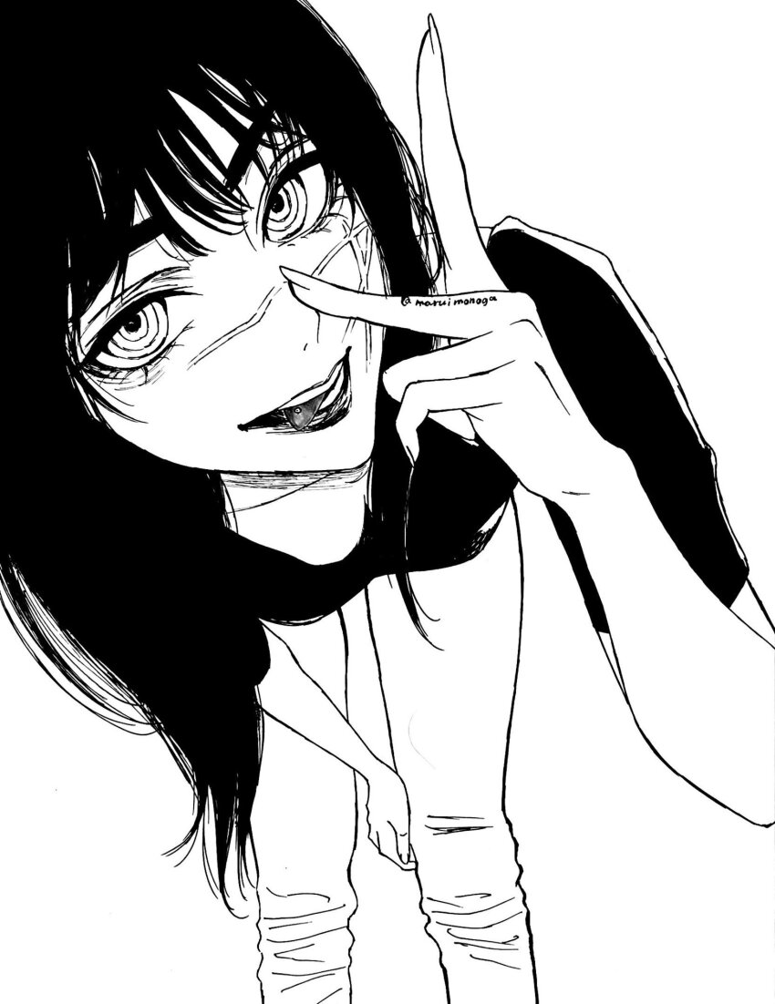 1girl, @_@, artist_name, black_hair, chainsaw_man, fingernails, highres, leaning_forward