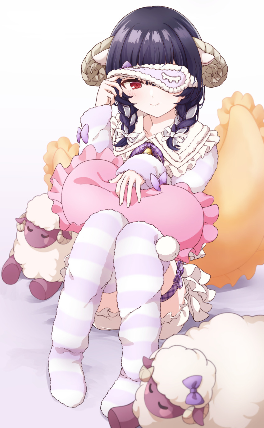 1girl, absurdres, animal_ears, bed_sheet, black_hair, bloomers, blush, braid