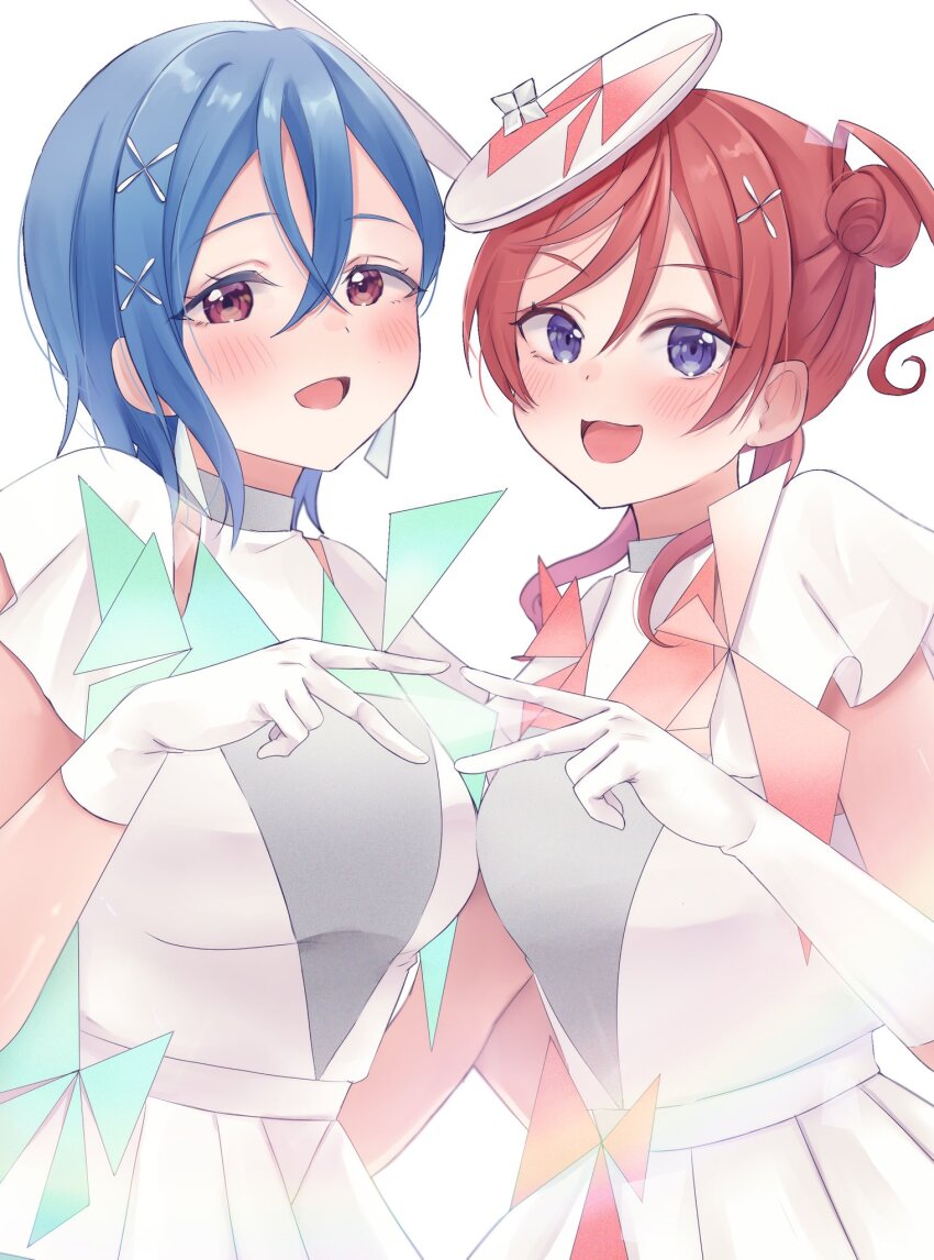 2girls, :3, :d, aqua_dress, blue_eyes, blue_hair, blush, breasts, check_commentary, commentary_request, crossed_bangs, dress, elbow_gloves, gloves, grey_dress, hair_between_eyes, hair_bun, hat, highres, love_live!, love_live!_superstar!!, medium_breasts, multicolored_dress, multiple_girls, official_alternate_costume, open_mouth, red_dress, red_eyes, red_hair, robirafa_0819, short_hair_with_long_locks, short_sleeves, simple_background, single_side_bun, smile, special_color_(love_live!), triangle_hands, upper_body, wakana_shiki, white_background, white_dress, white_gloves, white_hat, yoneme_mei