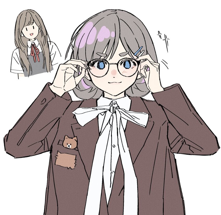1girl, :3, :d, black-framed_eyewear, blazer, blue_eyes, brown_jacket, closed_mouth