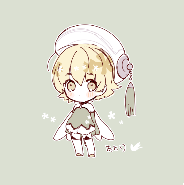 .hack//, .hack//g.u., 1girl, atoli_(.hack//), beret, blonde_hair, bloomers, blush, cape, chibi, closed_mouth, commentary_request, criss-cross_halter, detached_sleeves, dot_mouth, flower, garter_straps, green_background, green_shirt, green_sleeves, halter_shirt, halterneck, hat, hat_tassel, no_nose, no_pupils, outline, ruhuna_02, shirt, simple_background, sleeveless, sleeveless_shirt, sleeves_past_fingers, sleeves_past_wrists, solo, standing, thighhighs, translation_request, underwear, white_bloomers, white_cape, white_flower, white_hat, white_outline, white_thighhighs, wing_cape, yellow_eyes