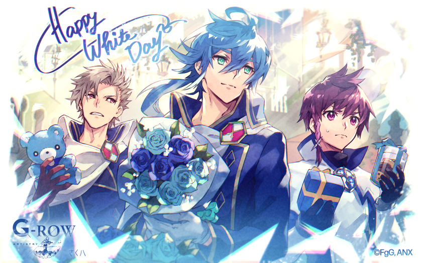 3boys, ahoge, artist_name, aster_tatariqus, black_gloves, blue_eyes, blue_flower, blue_hair