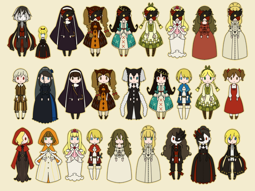 4boys, 6+girls, animal_ear_headwear, animal_ears, apron, aqua_dress, bag, beanie, belt, belt_buckle, black_belt, black_bow, black_collar, black_dress, black_eyes, black_flower, black_hair, black_jacket, black_mask, black_pants, black_rose, black_scarf, black_suit, black_veil, blonde_hair, blue_capelet, blue_eyes, blunt_bangs, book, boots, bow, bowtie, braid, brooch, brown_bag, brown_coat, brown_dress, brown_eyes, brown_footwear, brown_hair, brown_hat, brown_pants, buckle, buttons, capelet, cat_ears, cloak, closed_mouth, coat, coif, collar, collared_coat, collared_shirt, commentary_request, covered_face, detached_collar, diamond_print, dress, drill_hair, earflap_beanie, expressionless, fake_animal_ears, flower, flower_brooch, formal_clothes, frilled_dress, frills, full_body, fur-trimmed_capelet, fur-trimmed_cloak, fur-trimmed_dress, fur_scarf, fur_trim, gown, green_bow, green_dress, green_hairband, grey_dress, grey_hair, grey_pantyhose, grey_scarf, grey_veil, hair_between_eyes, hair_bow, hair_flower, hair_ornament, hair_over_one_eye, hairband, half_mask, hat, holding, holding_book, hood, hood_up, hooded_cloak, jacket, juliet_sleeves, long_dress, long_sleeves, maerchen_(sound_horizon), mask, multicolored_hair, multiple_boys, multiple_girls, necktie, nyao_(0207), open_clothes, open_jacket, orange_cloak, outline, pants, pantyhose, pinafore_dress, pink_capelet, pink_flower, pink_rose, pinstripe_jacket, pinstripe_pants, pinstripe_pattern, pinstripe_suit, puffy_long_sleeves, puffy_sleeves, red_bow, red_bowtie, red_cloak, red_dress, red_eyes, red_mask, red_ribbon, red_scarf, red_vest, ribbon, rose, scarf, sheath, sheathed, shirt, short_hair, short_twintails, shoulder_bag, simple_background, sleeveless, sleeveless_dress, solid_oval_eyes, sound_horizon, standing, straight-on, striped_clothes, striped_coat, striped_dress, suit, thigh_boots, twin_braids, twin_drills, twintails, two-tone_hair, two-tone_mask, two-tone_scarf, updo, variations, veil, vertical-striped_clothes, vertical-striped_coat, vertical-striped_dress, vest, waist_apron, white_apron, white_dress, white_eyes, white_scarf, white_shirt, yellow_background, yellow_outline