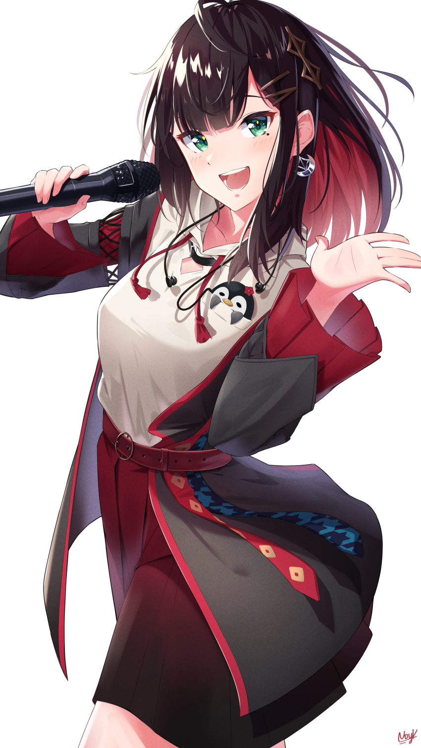 1girl, absurdres, ahoge, arm_cutout, belt, black_hair, breast_pocket, clothing_cutout