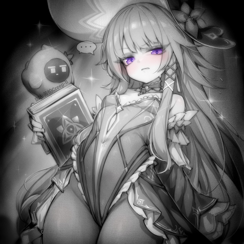 ..., 1girl, artist_name, book, breasts, closed_mouth, commentary_request, detached_sleeves, greyscale, herta_(honkai:_star_rail), herta_(simulated_universe_avatar)_(honkai:_star_rail), the_herta_(honkai:_star_rail), highres, holding, holding_book, honkai:_star_rail, honkai_(series), kupa_(jesterwii), long_hair, looking_at_viewer, monochrome, pantyhose, purple_eyes, small_breasts, solo, spoken_ellipsis, sweat, sweatdrop