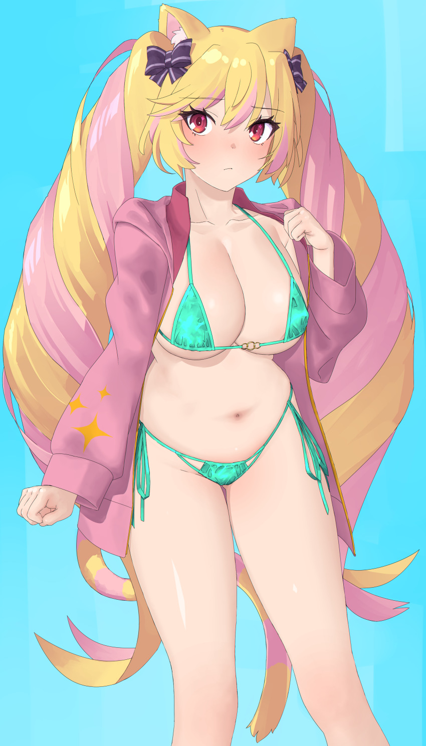 1girl, absurdres, animal_ear_fluff, animal_ears, aqua_bikini, bikini, blonde_hair, blue_background, bow, breasts, cat_ears, cat_girl, cat_tail, commission, cowboy_shot, ding, drill_hair, e18541, hair_bow, highres, imageb, imageboard_desourced, jacket, long_hair, long_sleeves, looking_at_viewer, mashima_himeko_(show_by_rock!!), multicolored_hair, navel, open_clothes, open_jacket, pink_hair, pink_jacket, red_eyes, second-party_source, show_by_rock!!, side-tie_bikini_bottom, simple_background, skeb_commission, solo, swimsuit, tail, twintails, two-tone_hair
